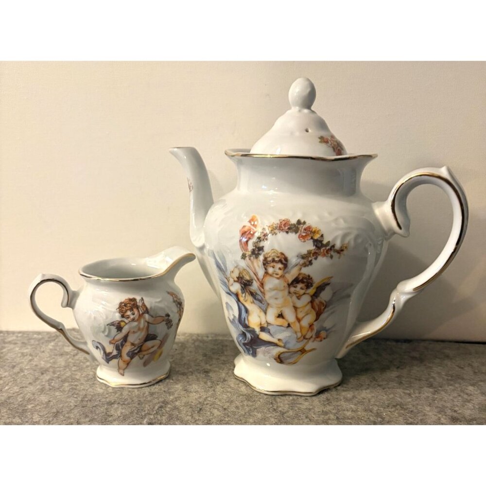 Vintage Trisa Teapot and Creamer w/Angels  # 2991